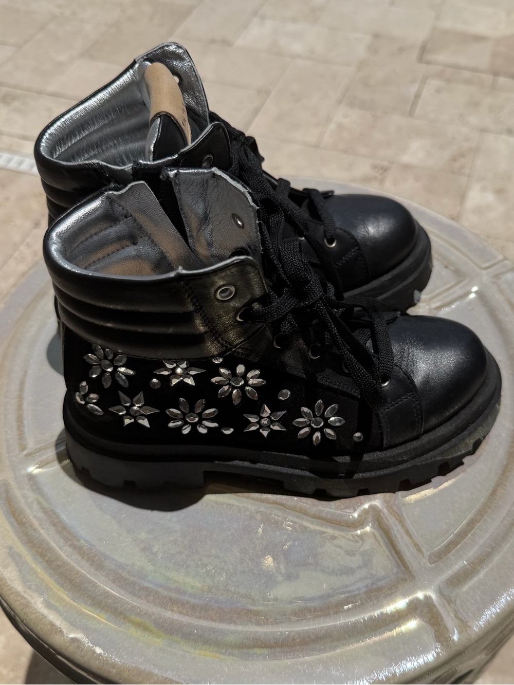 MonnaLisa Black and Silver Metallic Lace-Up Boots Euro size 30